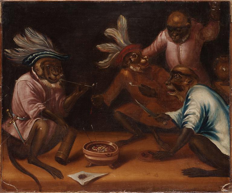 Abraham Teniers Follower of, Smoking monkeys.