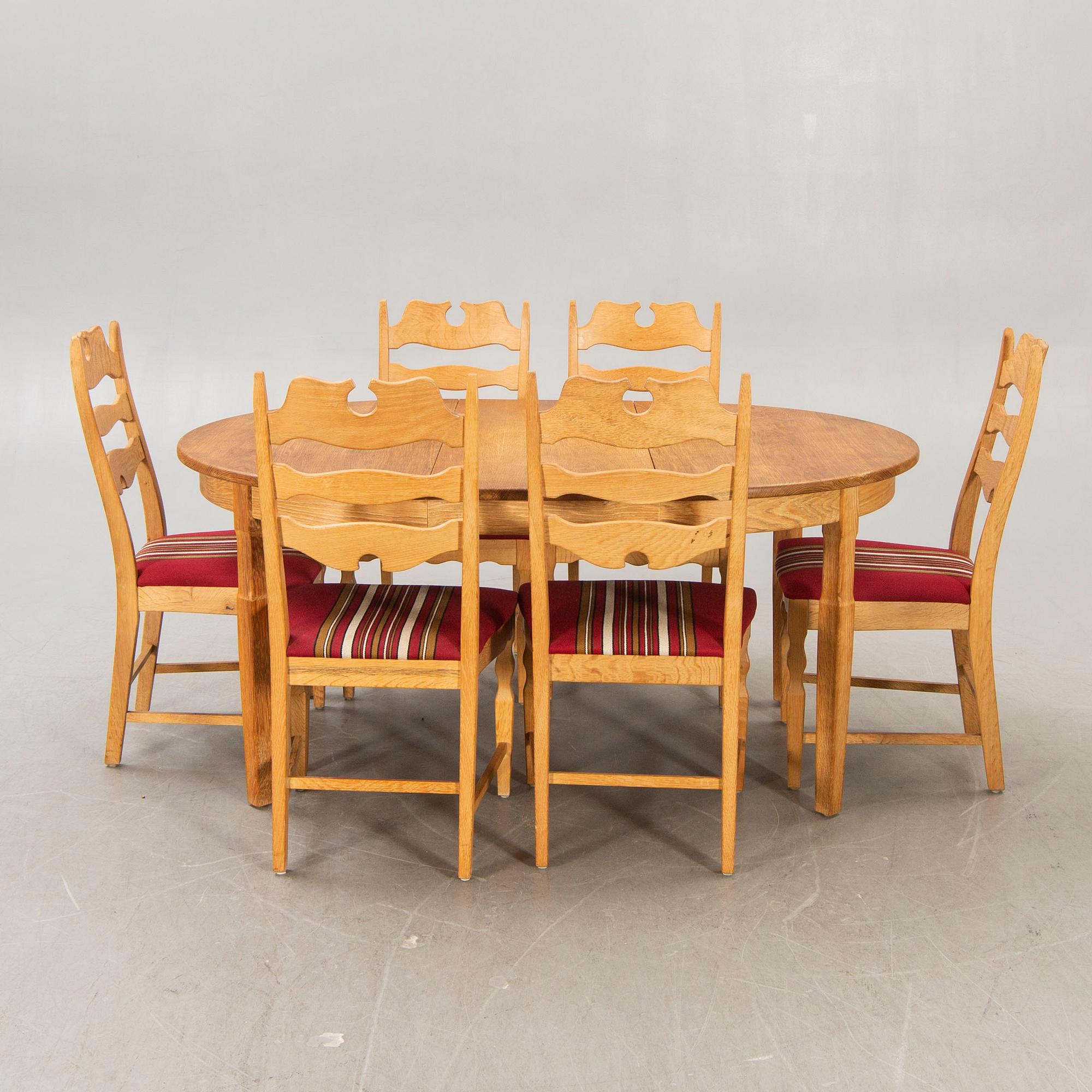 A Henning Kjaernulf, 1960s 7 pcs oak dining set, EG Möbler Danmark.