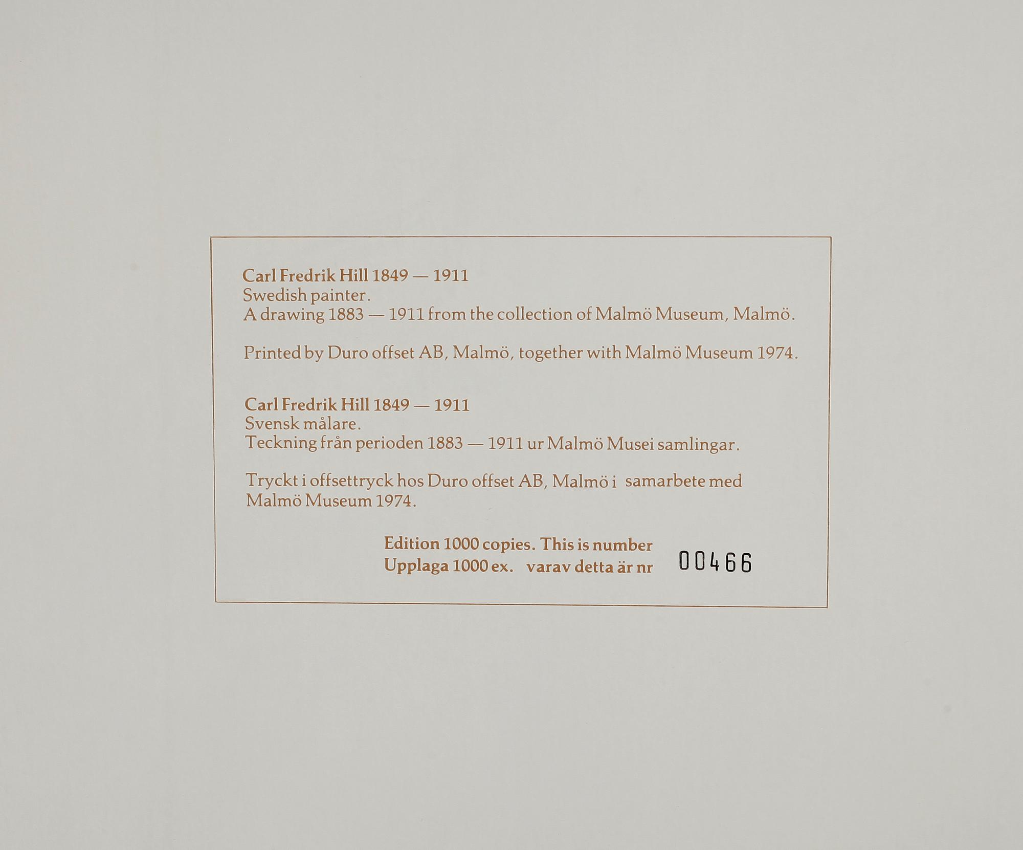CARL FREDRIK HILL, efter, mapp med sex st offsettryck, utgiven i samarbete med Malmö Museum 1974.
