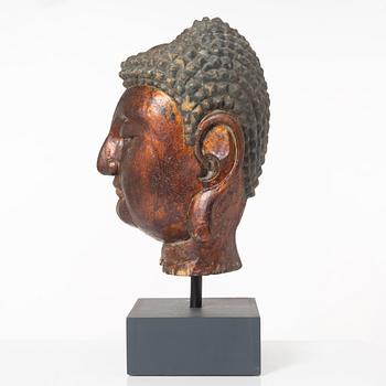 Skulptur, Buddha-huvud, lackerat trä, Mingstil men senare.