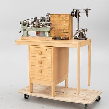 Watchmaking tools and spare parts, including a lathe by Lorch.