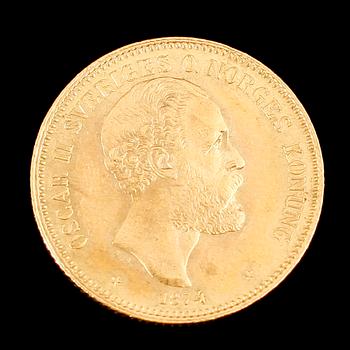 GULDMYNT, 20 kr, Oscar II, 1874. Vikt ca 9 gram.