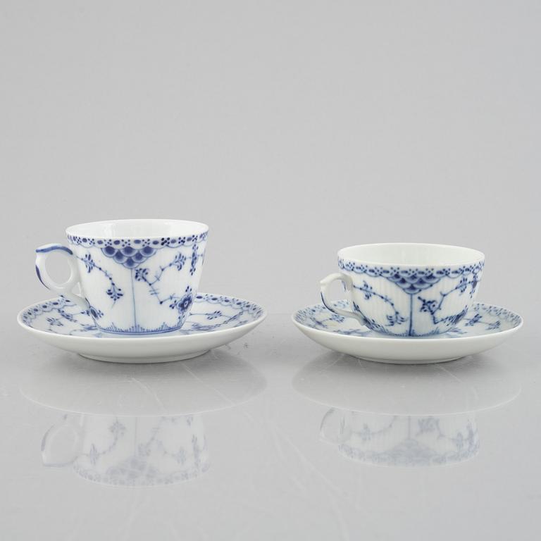 A group of five 'Blue Fluted Half Lace' / 'Musselmalet' cups with saucers, Royal Copenhagen, 20th century.