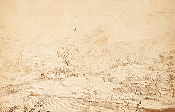 An extensive mountainous landscape with buildings by a river; verso Study of a plant.