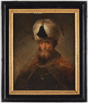Rembrandt Harmensz van Rijn Hans skola, Mansporträtt, turban och kappa.