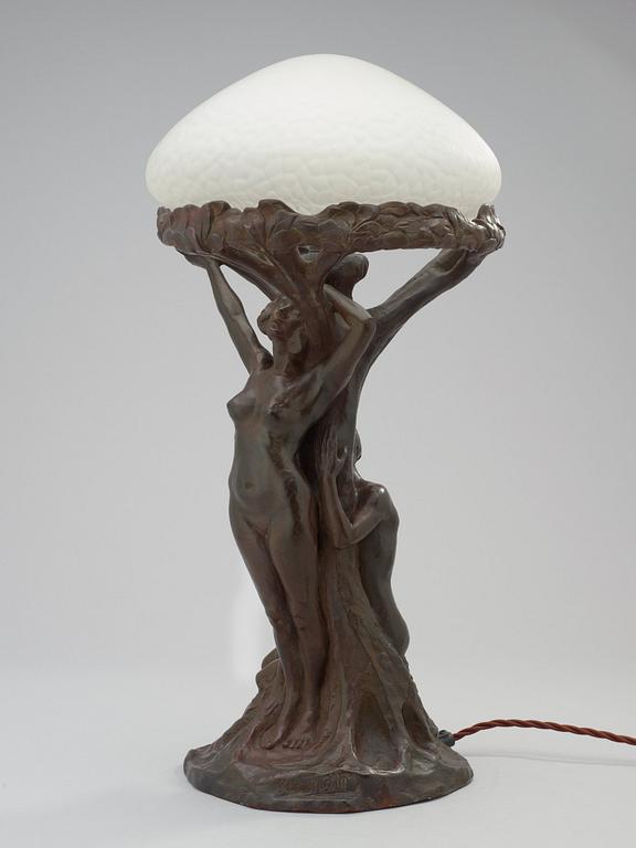 An Alice Nordin Art Nouveau patinated bronze table lamp, Herman Bergman, Stockholm.