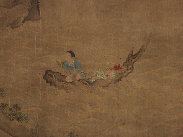 A hanging scroll of a landscape with figures, in the style of the Tang artist Zhu Niching, Qing dynasty, 19th century.