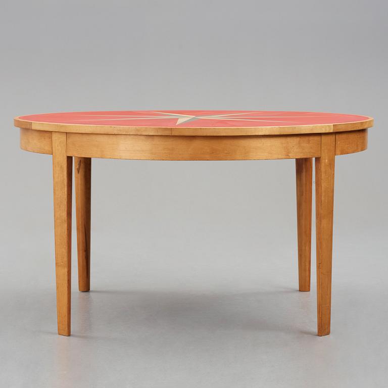 Hyresgästernas Möbelaffär (HSB), a linoleum decorated top Swedish Modern birch dining table, Stockholm 1936.