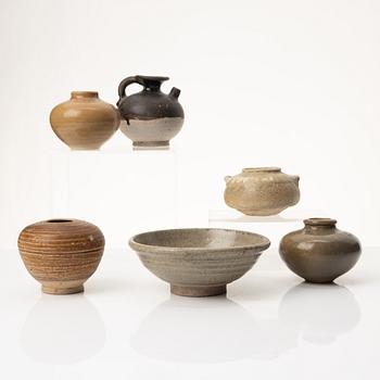 A group of two jars, two vases a bowl and an ewer, glazed ceramics, Ming dynasty (1368-1644).