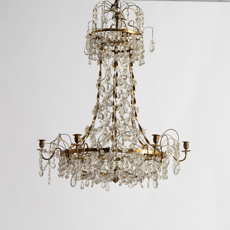 A late Gustavian gilt brass and cut glass seven-light chandelier, Stockholm, late 18th century.