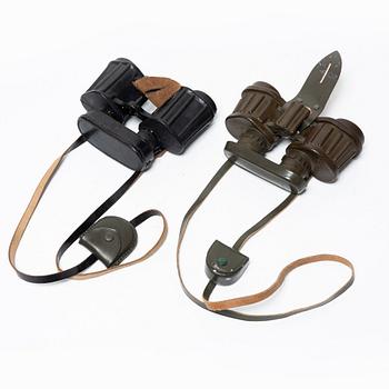 Two pairs of binoculars, Swedish Armed Forces, one marked Carl Zeiss Jena. Both with crown markings.