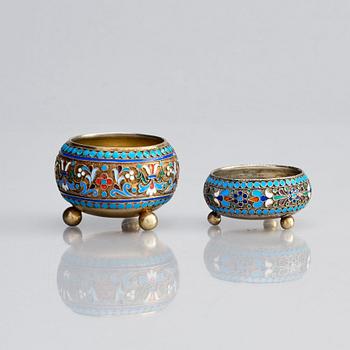 Two Russian spice/salt-cellars, parcel-gilt silver and enamel, mark of Ivan Saltykov and Ivan Sergeyevich Lebedkin.