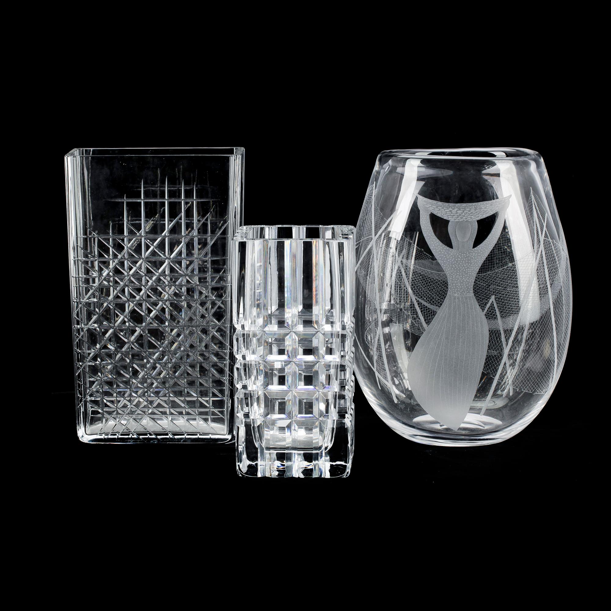 VASER, 3 st, kristall, bla Vicke Lindstrand, Kosta/Orrefors.