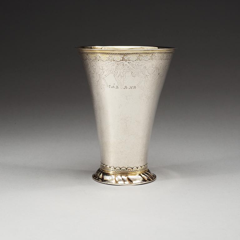 A Swedish 18th century parcel-gilt beaker, makers mark of Anders Lundman, Stockholm 1746.