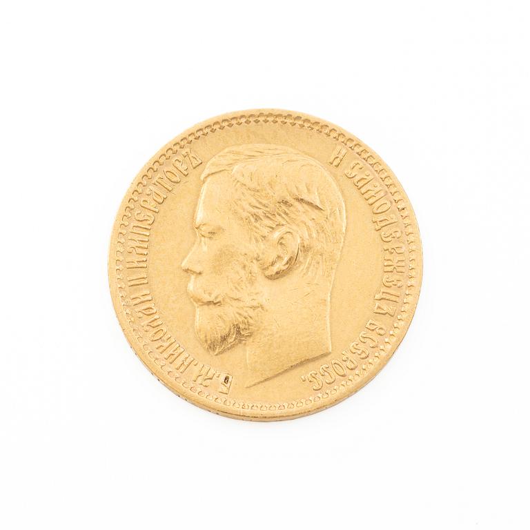 Gold coin, Nicholas II, Russia, 5 Rubles, 1898.