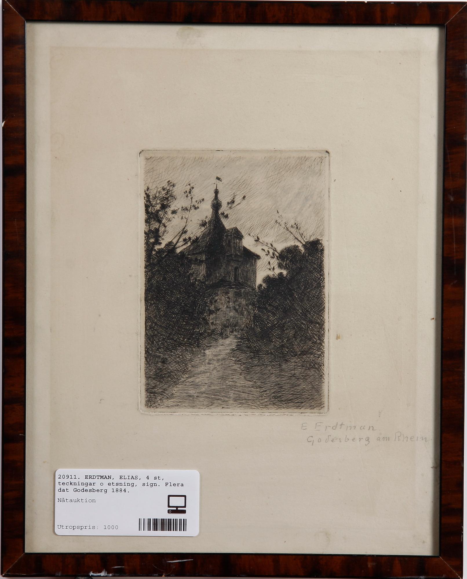 ERDTMAN, ELIAS, 4 st, teckningar o etsning, sign. Flera dat Godesberg 1884.
