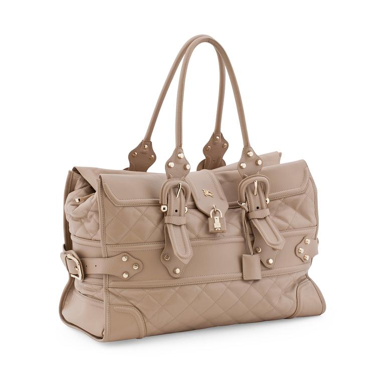 BURBERRY, a beige leather weekend bag.