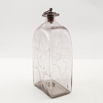 Brännvinsflaska, glas. Limmareds glasbruk, sent 1700-tal/tidigt 1800-tal.