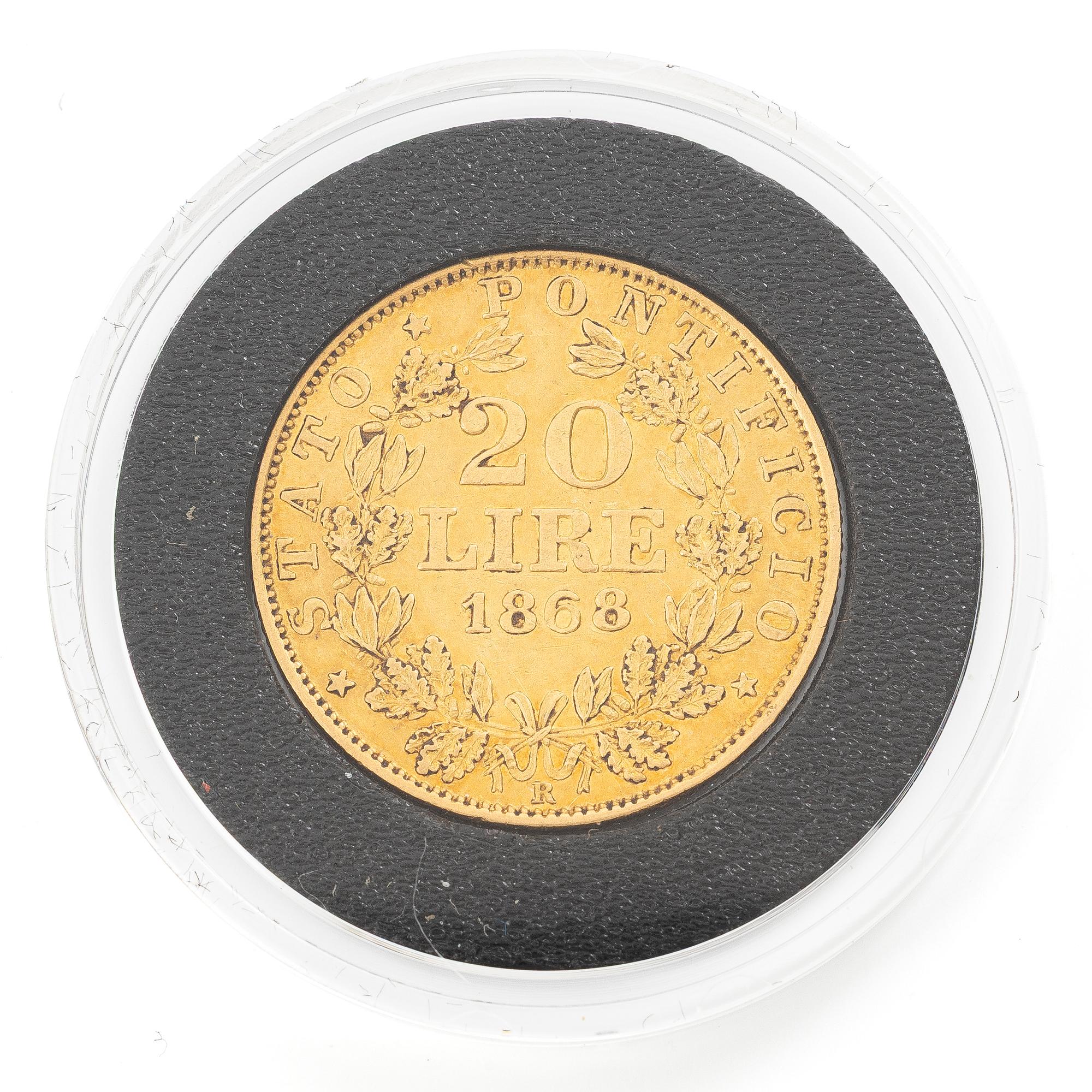 Guldmynt, Vatikanstaten, Pius IX, 20 Lire, 1868.
