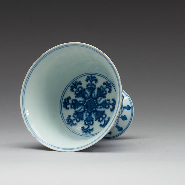 A blue and white stemcup with 'Lanca' characters, Qing dynasty with Qianlong mark.