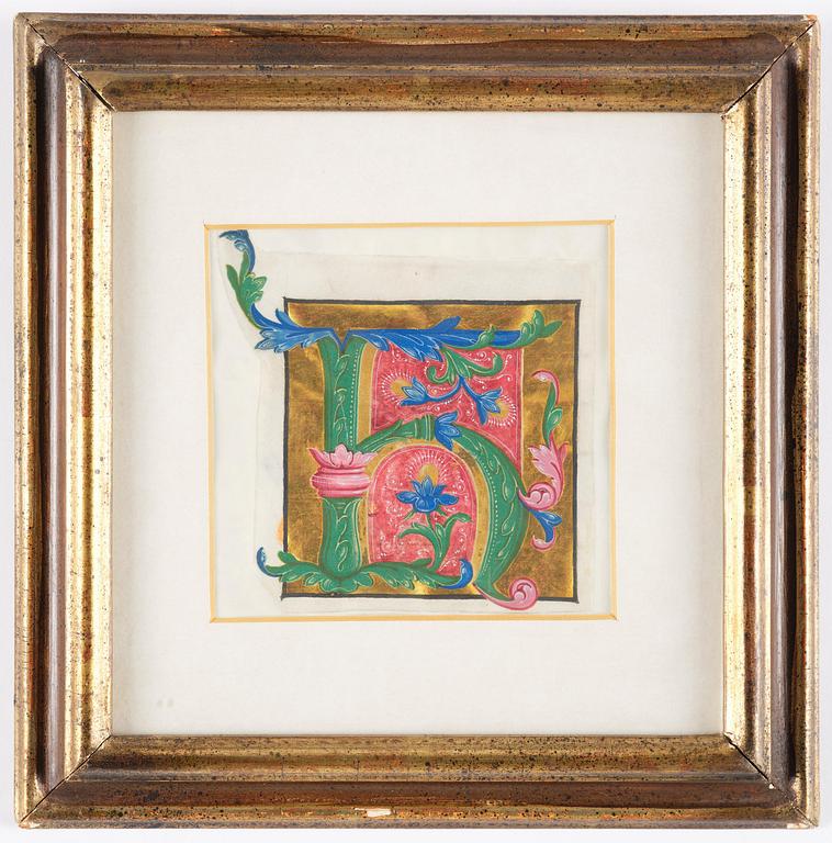 An illuminated initial, presumanly from an Italian musical manuscript, later part 15th century.