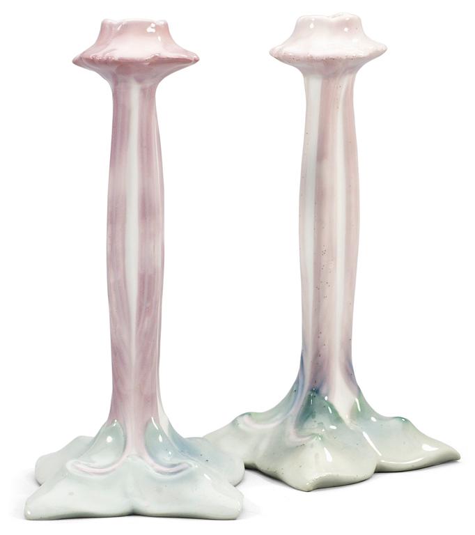 A pair of porcelain art nouveau candlesticks, Rörstrand.