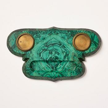 A Russian Alexander III malachite-veneered inkstand, late 19th century.