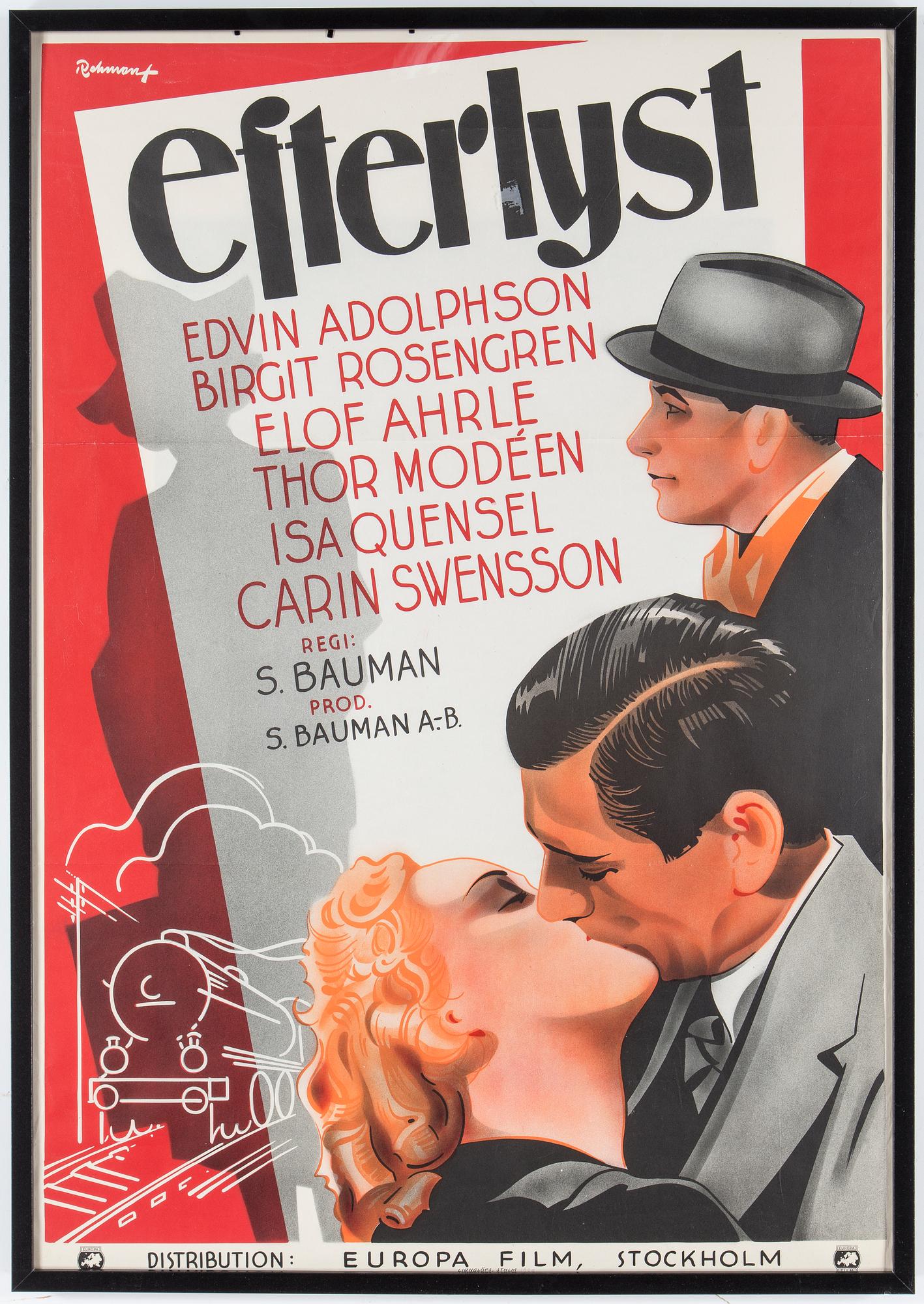 FILMAFFISCH, litografiskt tryck, "Efterlyst", Rohman, 1939.