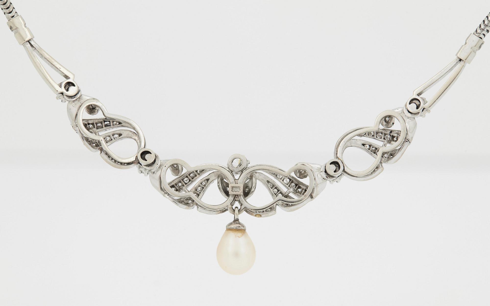 A NECKLACE set with round brilliant-cut diamonds and cultured pearls.