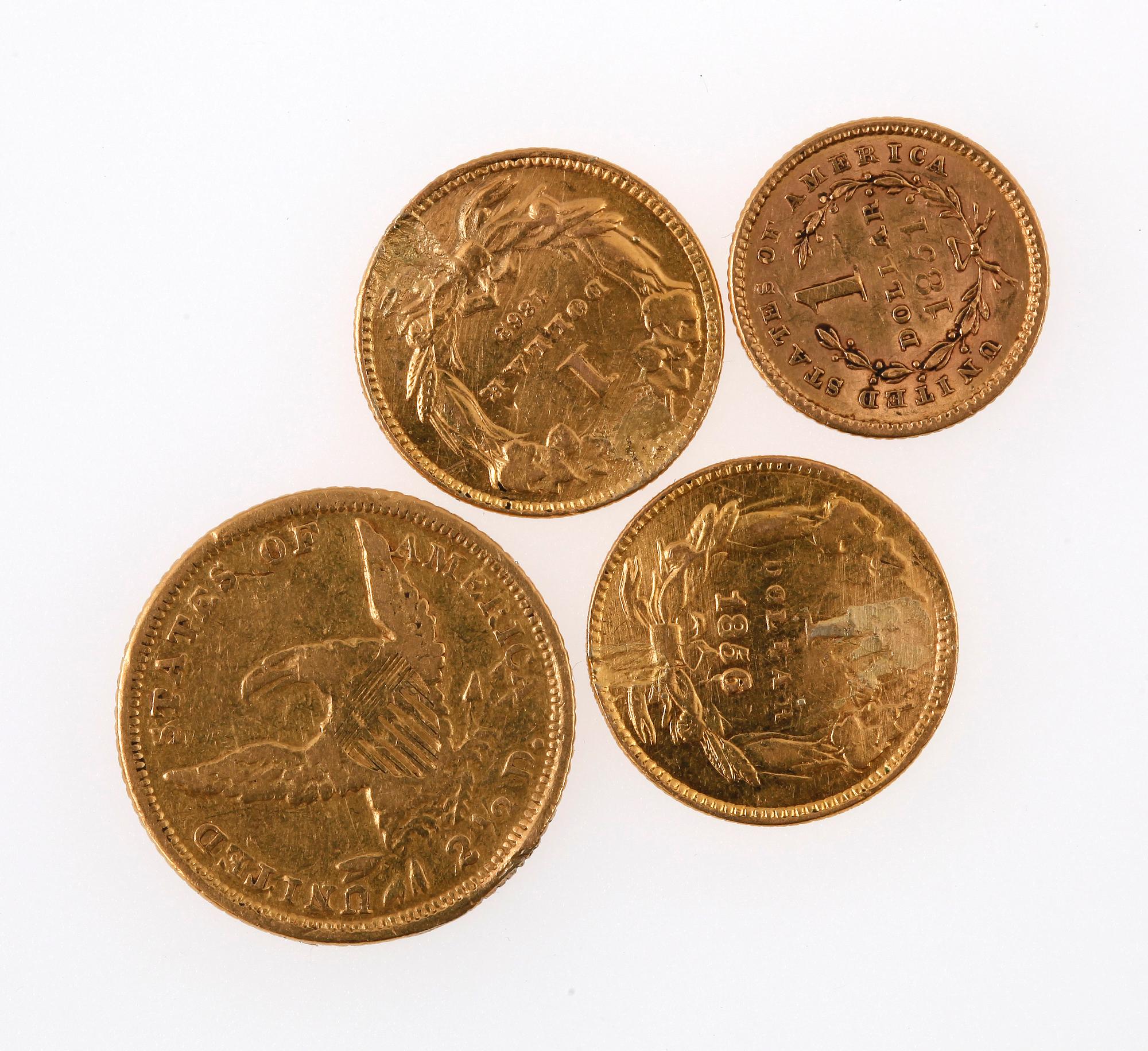 GULDMYNT, 4 st, USA, 1839-1862. Totalvikt 9 gram.