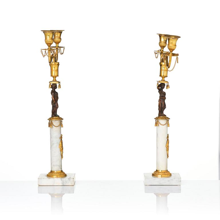 A pair of late Gustavian two-branch candelabra in the manner of F. L. Rung, Stockholm, circa 1800.