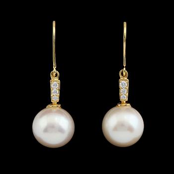 ÖRHÄNGEN, 1 par, 14K guld, odlade pärlor, brijantslipade diamanter. Total vikt ca 5 g.