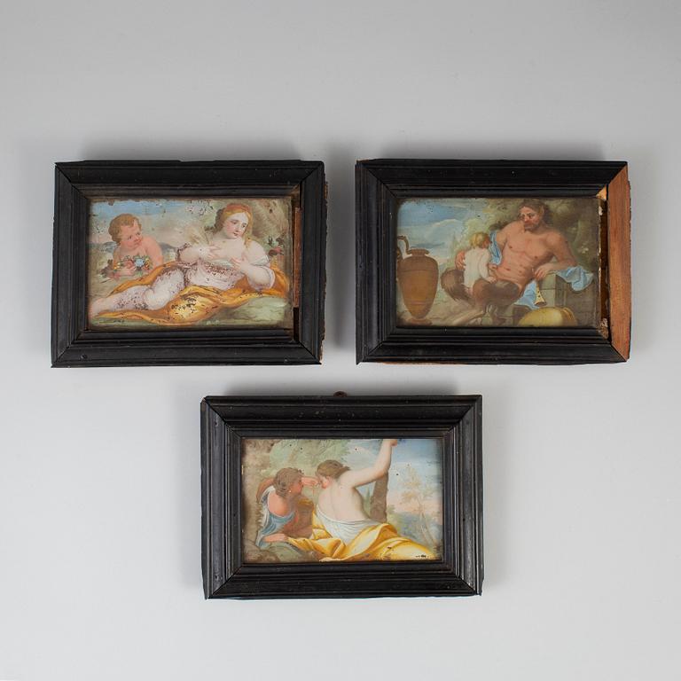 Three glass paintings, ca 1800.