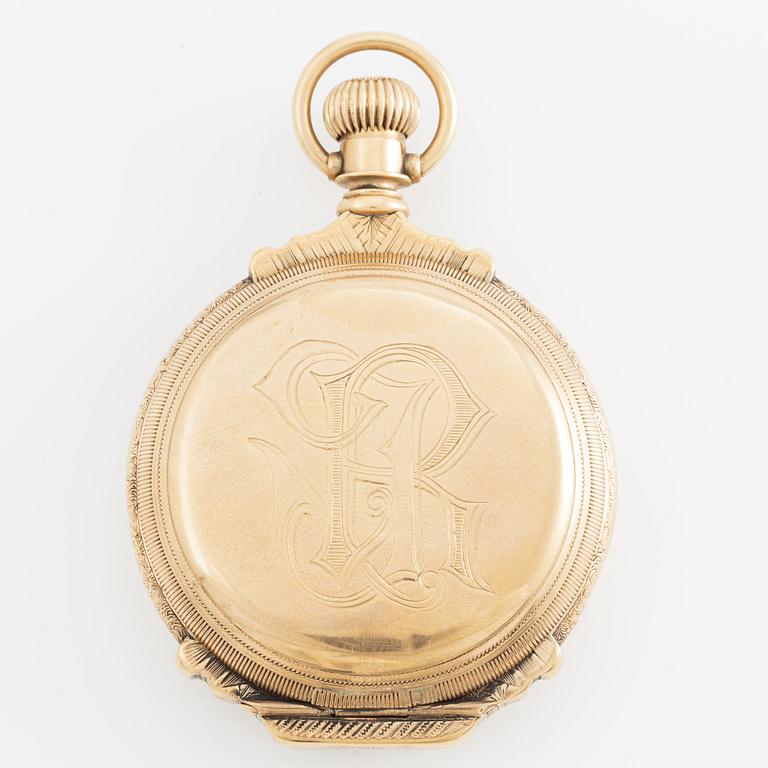 American Waltham Watch Co, pocket watch, hunter, 14K gold, with chain, 53.5 mm.