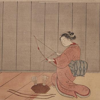 SUZUKI HARANOBU (1725-1771), efter, diptyk, färgträsnitt. Japan, "The Archery Gallery", tidigt 1900-tal.