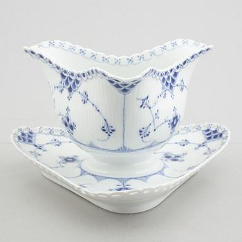 Two dishes and a sauce bowl, porcelain, "Blue fluted" / "Musselmalet", Royal Copenhagen, part 19th century.