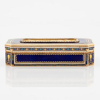 An probably early 19th century Hanau gold and royal blue enamel box with pearls.