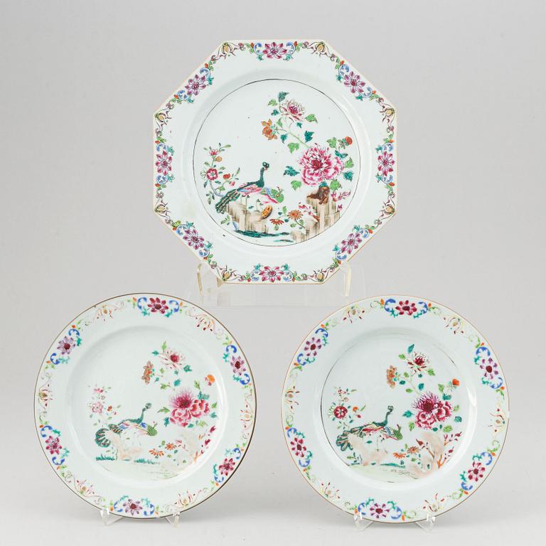 A set of three famille rose "double peacock" serving dishes, Qing dynasty, Qianlong (1736-95).