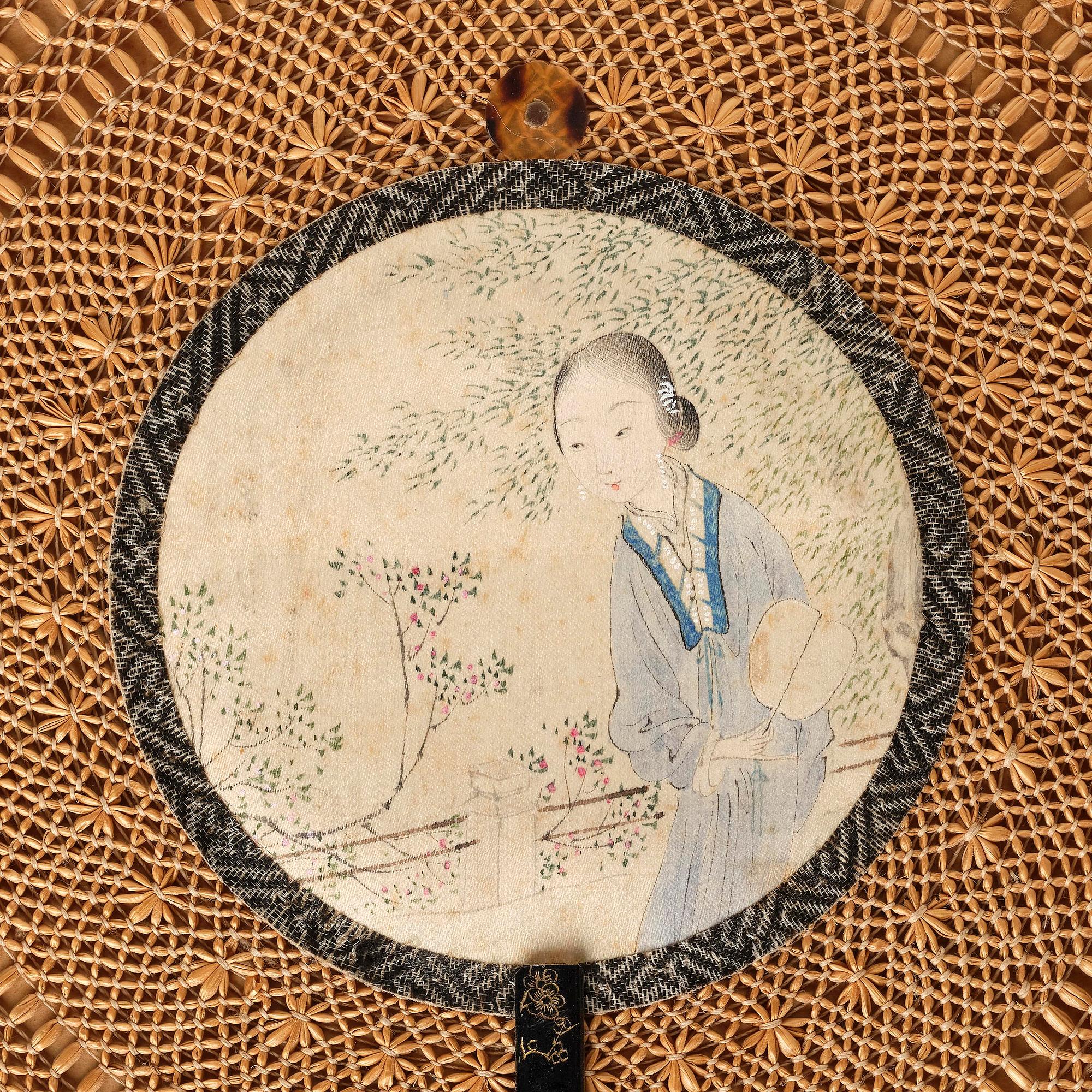 Solfjädersmålning, akvarell och tusch. Qingdynastin, 1800-tal.