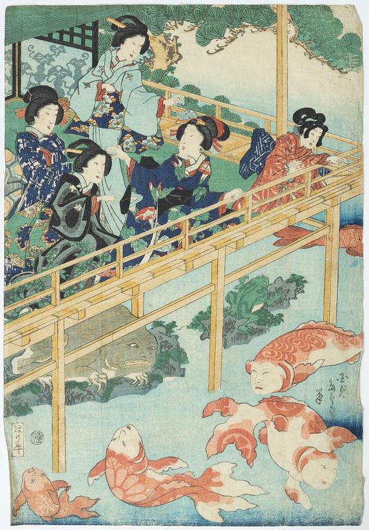 Träsnitt, fyra stycken, Japan, bland annat Ogata Gekko och Utagawa Kunisada.