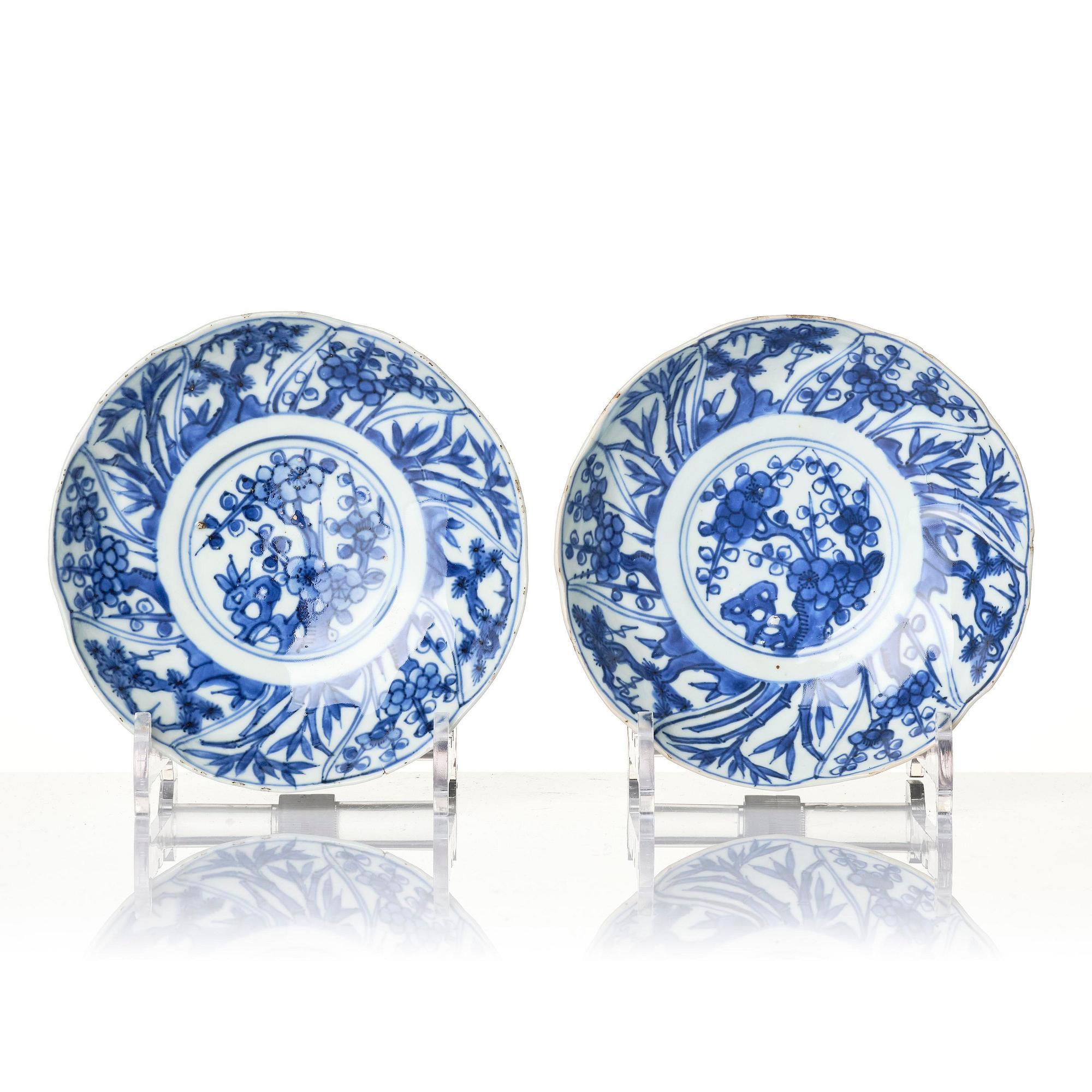 A set of 12 blue and white 'three friends of winter' dishes, Tianqi/Chongzhen, mid 17th century.