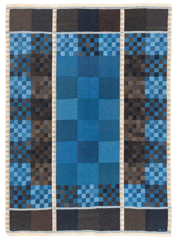 Ingrid Dessau, a carpet, 'Blå rutor', flat weave, c 273 x 174,5 cm, signerad ID and an unclear makers signature.