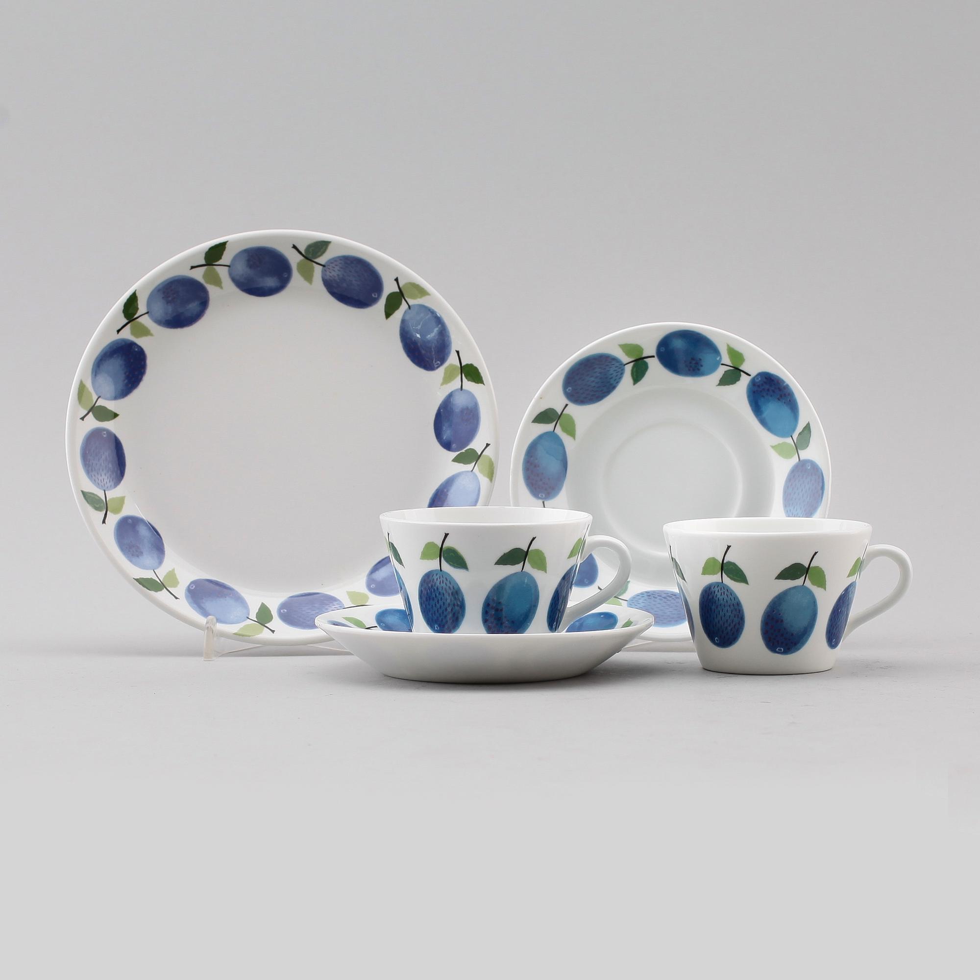 KAFFEKOPPAR, 12 delar, benporslin "Prunus", Stig Lindberg, Gustavsberg.