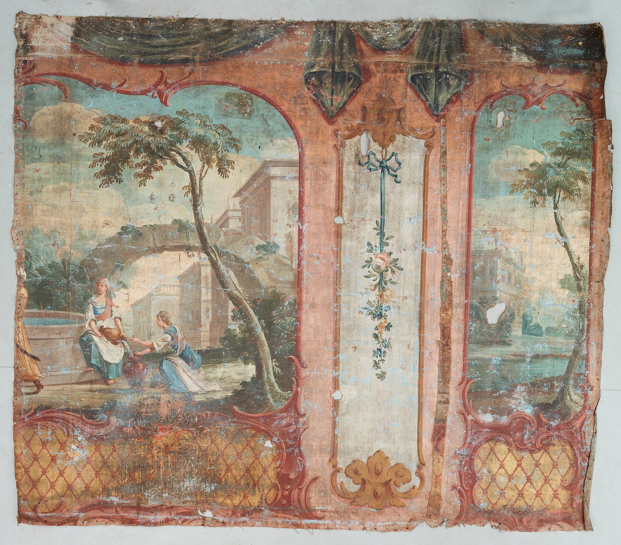 TAPETER, 5 större delar, olja på linneväv.  Sverige, 1700-talets andra hälft. Rokoko.
