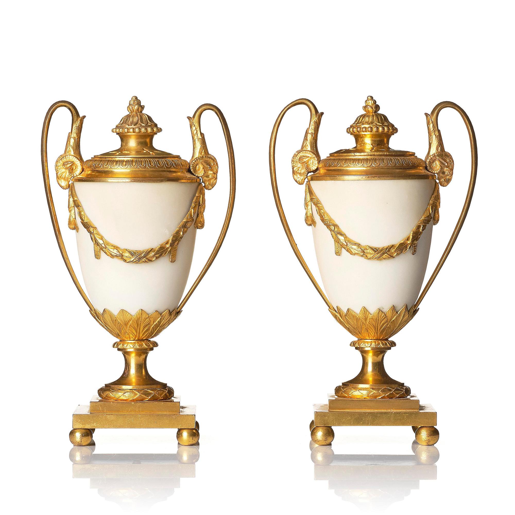 A pair of George III ormolu-mounted and white marble brûle-parfums by Matthew Boulton,  1770s.