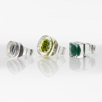 Siv Lagerström, three rings, acrylic plastic. Engraved works from the 1970s.