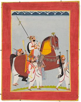 436. An equestrian portrait of a Rajput ruler with attendants, gouache, North India, Rajasthan, 19th century.