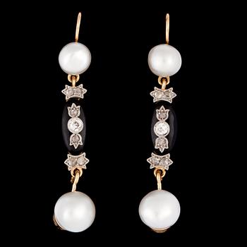 1361. A pair of rose cut diamond, black onyx and natural pearl earrings.