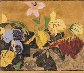 Maja Fjaestad, wood cut in colours, signed.