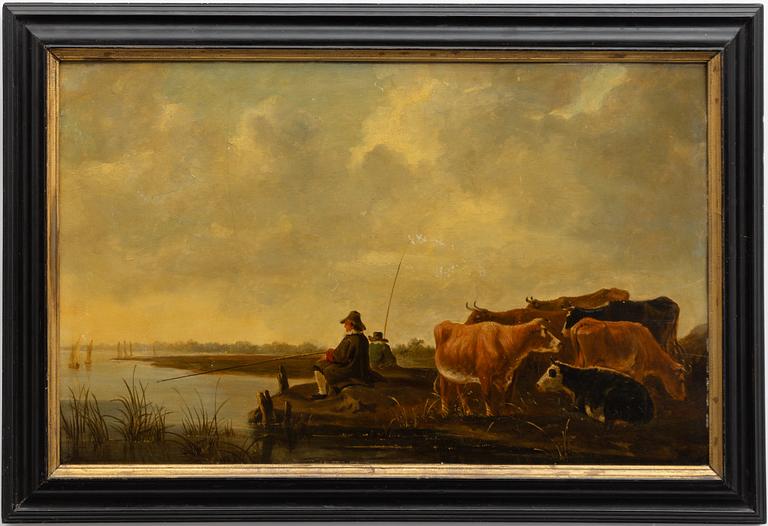 Aelbert Cuyp, his follower, 18th century, Landscape with cattle and a fishing man.